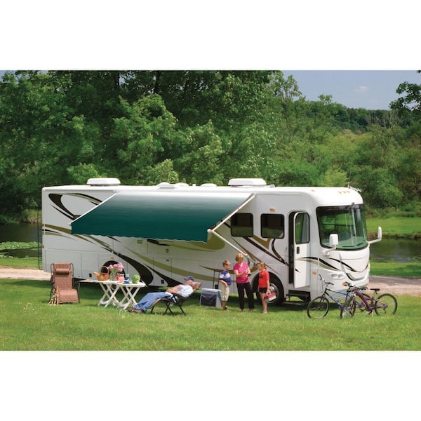 DOMETIC 8500 Manual Patio Awning with Polar White Weathershield - 19 ft., Meadow Green Linen Fade