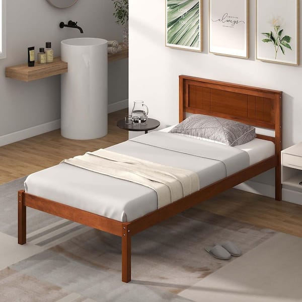 Brown Walnut Wood Frame Twin Size Platform Bed Frame with Headboard Mattress Foundation