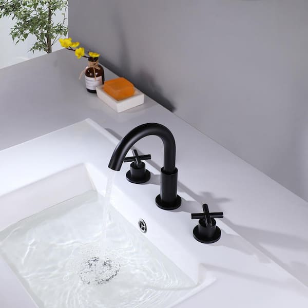 Widespread 3-Hole Double Handle Bathroom Faucet Deck Mount with 360° Swivel Spout in Matte Black
