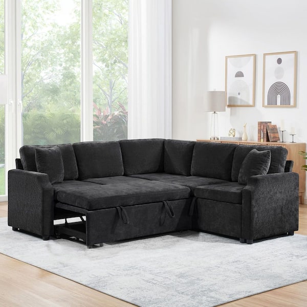Lara 81.9 in. Chenille Upholstered L-Shaped Sectional Sofa in. Black with Hidden Storage, Pull-Out Bed, Pillows