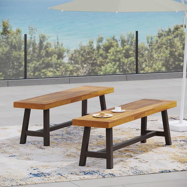 Modern Industrial Style Acacia Wood Outdoor Benches (Set of 2