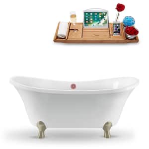 60 in. x 32 in. Acrylic Clawfoot Soaking Bathtub in Glossy White with Brushed Nickel Clawfeet and Matte Pink Drain