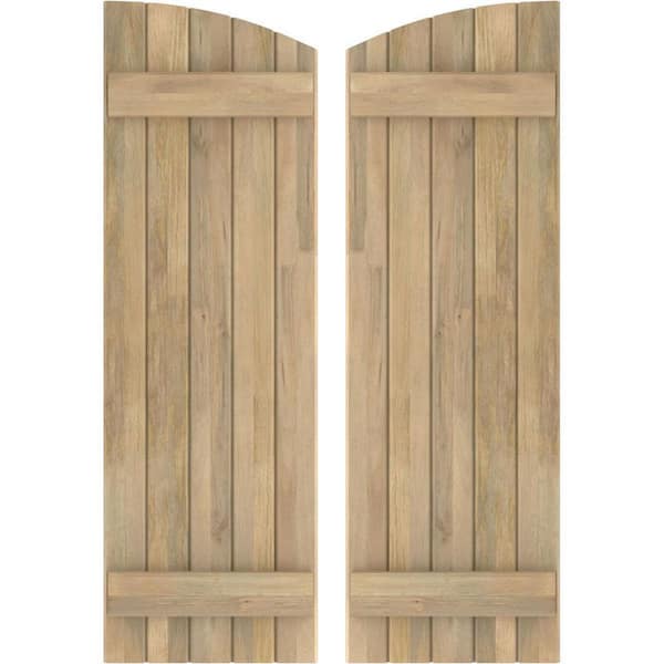 Ekena Millwork 17-1/2 in. W x 82 in. H Americraft Exterior Real Wood Joined Board and Batten Shutters with Elliptical Top Unfinished