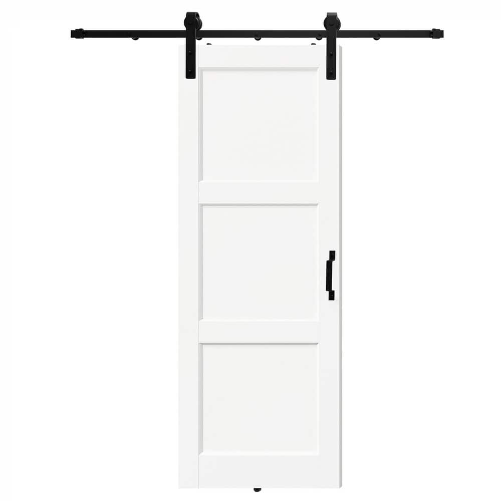 28 in. x 80 in. 3 Panel Core White Primed Pine Wood Barn Door Slab with Full Barn Door Hardware Kit Set price history on PriceWatchPro