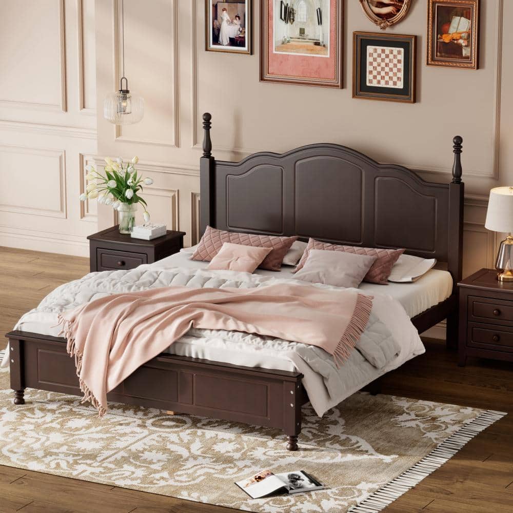 Dark Walnut Classic Vintage Design Queen Size Wooden Platform Bed with Retro Wave Headboard