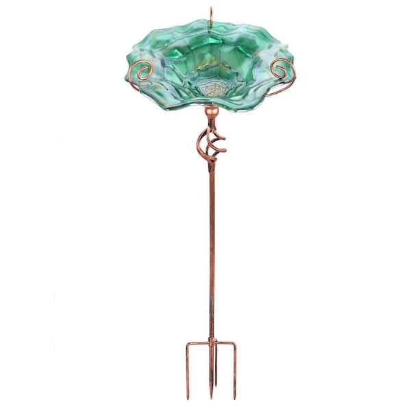 MUMTOP Green Swirl Glass Birdbath with Garden Stake