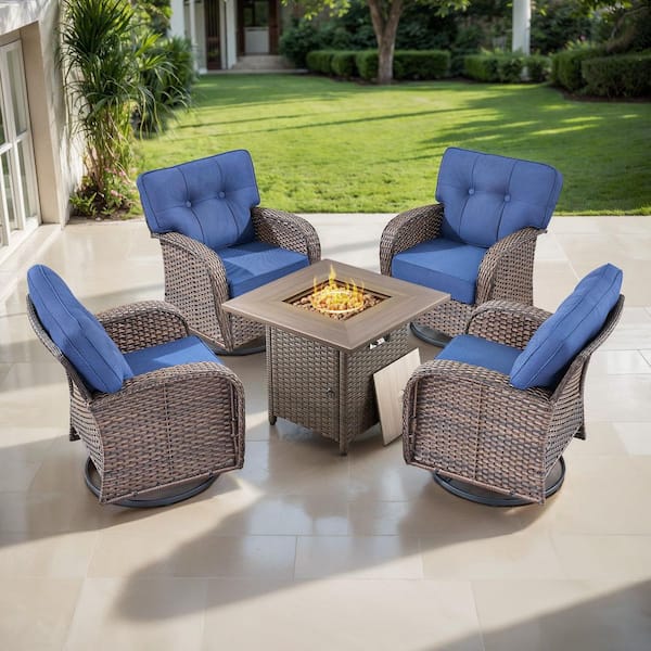 TWrap Brown 5-Piece Wicker Patio Fire Pit Set, 4-Person Seating Set with Olefin Navy Blue Cushions and Swivel Rockers