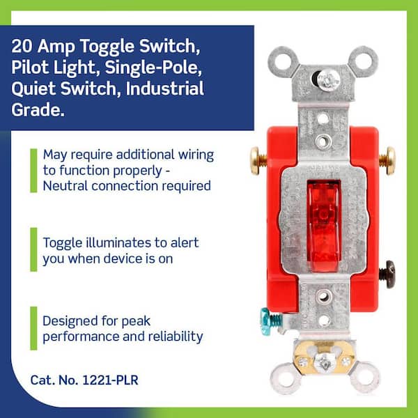 20 Amp Industrial Grade Heavy Duty Single-Pole Pilot Light Toggle Switch, Red 1221-PLR