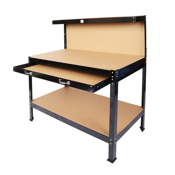 178 Gal. Black MDF Tool Worktop Outdoor Storage Bench Workshop Table with Drawer and Peg Board