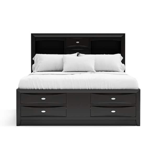 Lanten Black Wood Frame King Platform Bed with Footboard Drawers, Side Rail Drawers and Headboard Bookcase