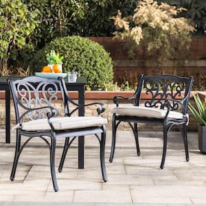 2-Piece Cast Aluminum Outdoor Dining Chairs Set with Beige Cushions, Olefin Fabric