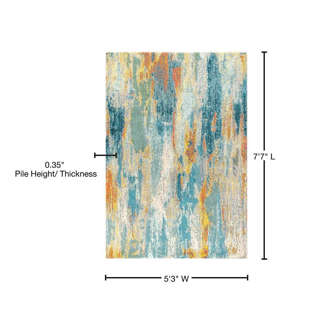 Blue Cream Yellow Abstract Rectangular Synthetic Area Rug