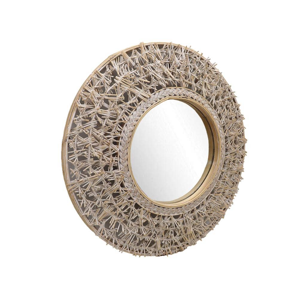 24 Inch Round Whitewashed Rattan and Bamboo Decorative Wall Mirror