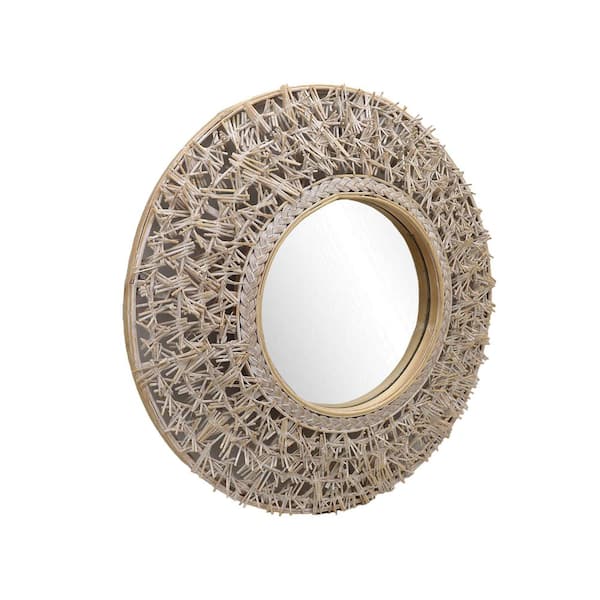 PARISLOFT 24 in. W x 24 in. H Round Rattan and Bamboo Framed Brown Wall Mirror