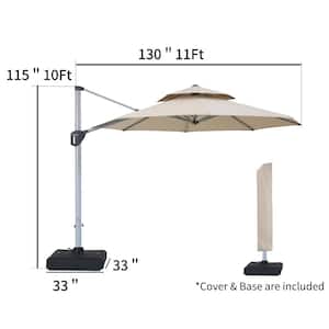 11 ft. Octagon Aluminum Offset Cantilever Patio Umbrella 360 Rotation Outdoor Tilt Umbrella with Cover and Base in Beige