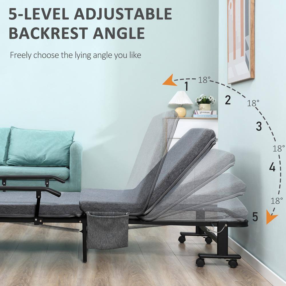 Dark Grey Metal Frame Rollaway Guest Bed with Upholstered Headboard