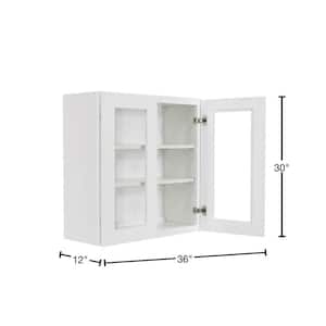 Lancaster White Plywood Shaker Stock Assembled Wall Glass Door Kitchen Cabinet 36 in. W x 30 in. H x 12 in. D