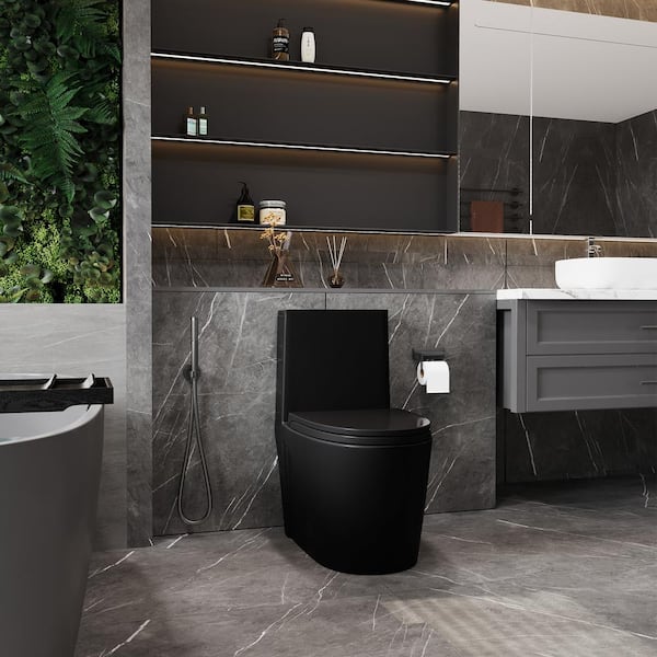 15 5/8 in. 1-Piece 1.1/1.6 GPF Dual Flush Elongated Toilet in Matte Black with Soft-Close Seat