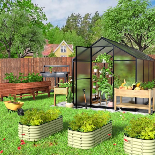 8 ft. W x 10 ft. D Polycarbonate Greenhouse for Outdoors, Green House Kit with Adjustable Roof Vent, Gray