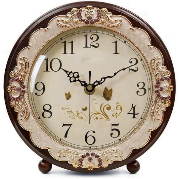 Afoxsos Vintage Table Clock, Retro Non-Ticking European Style Beside Desk Clock Battery Operated Silent Quartz Movement, Brown