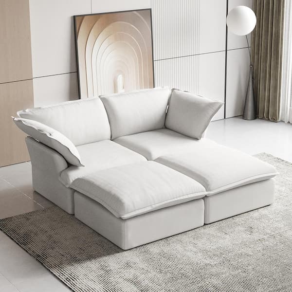 J&E Home 82.5 in. W Flared Arm Linen 3-Seater Modular Free Combination Sofa in White