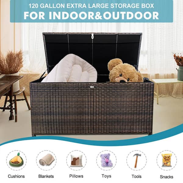 120 gal. XL Outdoor Storage Box Waterproof, Resin Rattan Deck Box for Patio Garden Furniture, Outdoor Cushion Storage