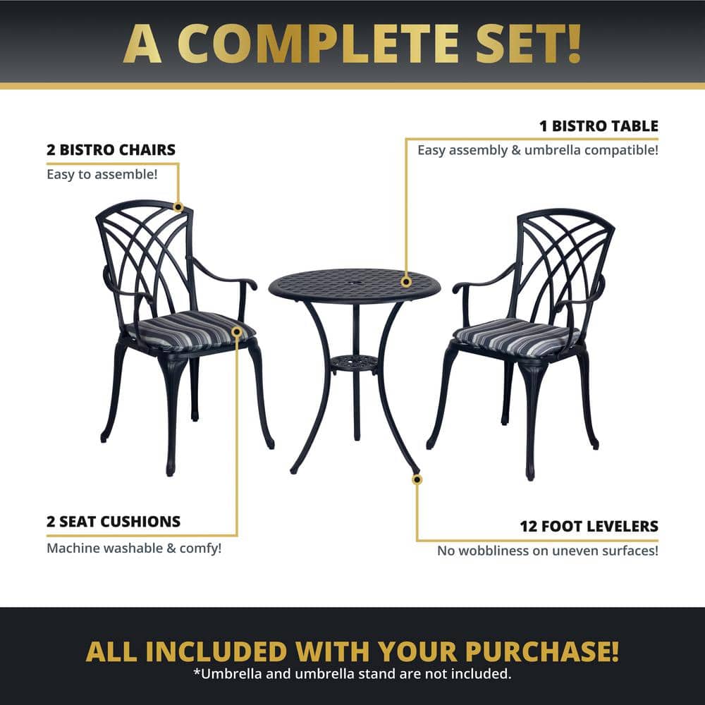 Ekta Black Cast Aluminum 3-Piece Patio Bistro Set with Cushions