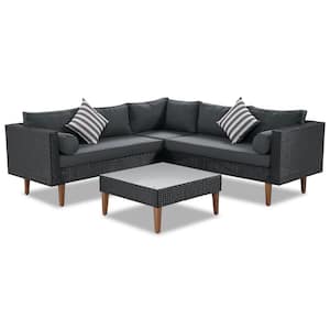 4-Piece Wicker Outdoor Sofa Patio Sectional Set with Gray Cushions and Decorative Pillows