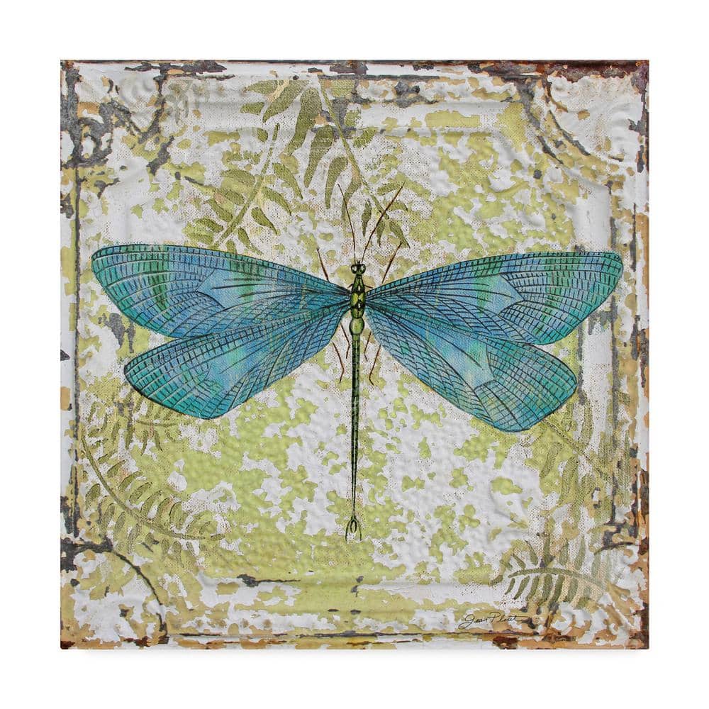 Blue Dragonfly on Green Tin Tile Canvas Art 18'' x 18''