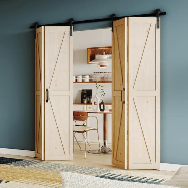 72 in. x 84 in. (36 in. W x 2) Pine Wood Color, Primed, MDF, K Shaped, Bi-Fold Style Sliding Barn Door with Hardware Kit