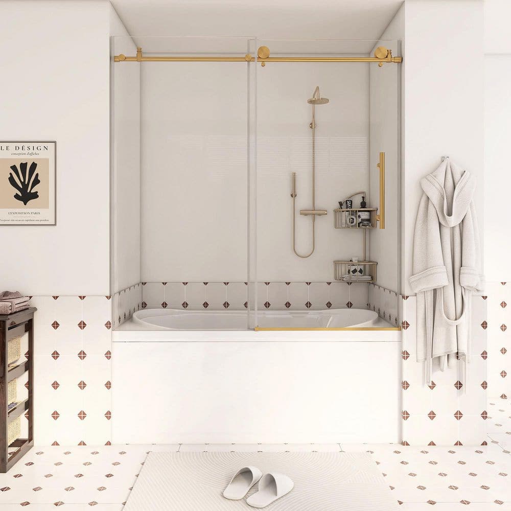 56-60 in. W x 60 in. H Single Sliding Frameless Shower Door in Brushed Gold with Clear Tempered Glass price history on PriceWatchPro