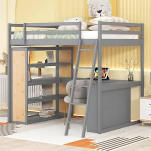 Gray Full Wooden Loft Bed with Shelves, Desk, Drawer and Ladder