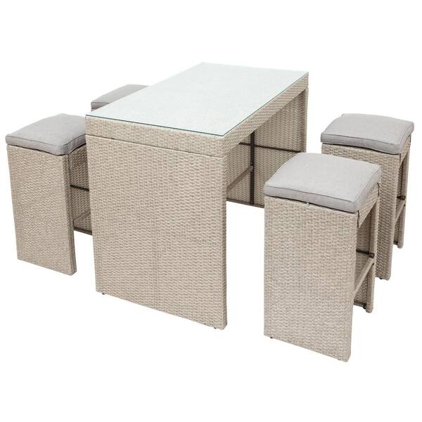 GOSHADOW 5-Piece Wicker Outdoor Dining Set with 4 Stools with Brown Cushion