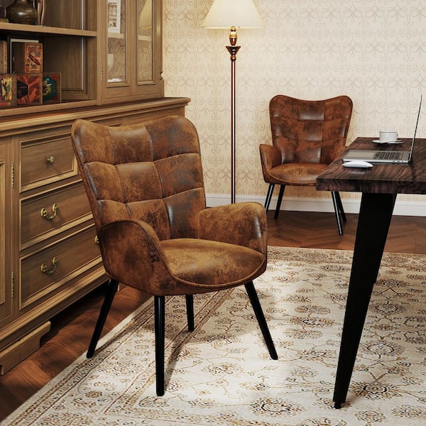KAN Suede Upholstered Office Chair, Ergonomic Design with Adjustable Foot Pads in Walnut, Curved Wingback with Arms