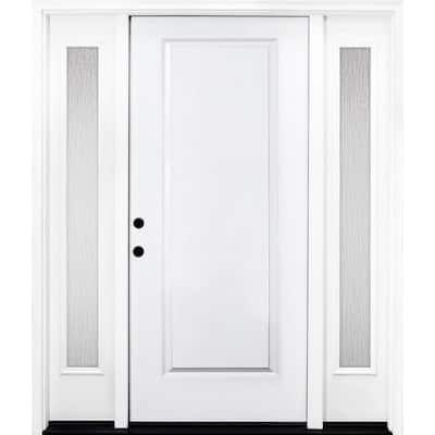 68 in. x 80 in. Classic 1-Panel RHIS Primed White Steel Prehung Front Door with Double 14 in. Rain Glass Sidelites