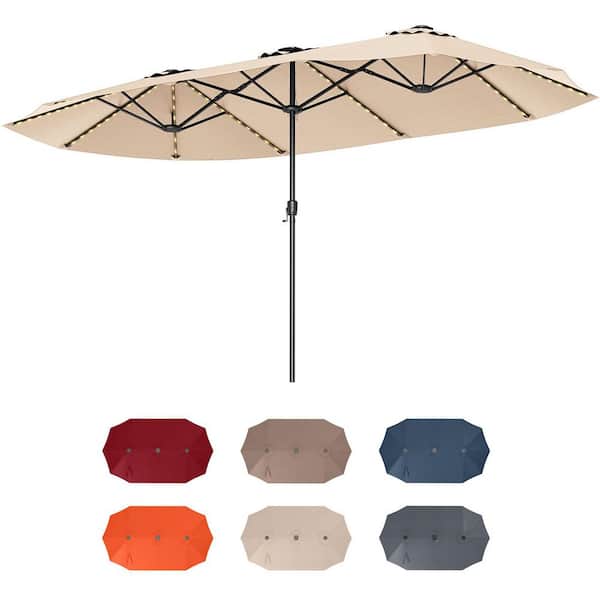 15.5 ft. Steel Extra-Large Market Patio Umbrella in Beige with LED Solar Lights and Crank Handle(Stand Not Included)