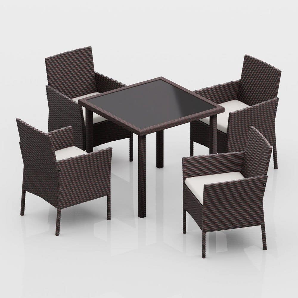 5-Piece Patio Brown Wicker Outdoor Dining Set Rattan Arm Chair with Beige Cushions and Square Glass Table price history on PriceWatchPro