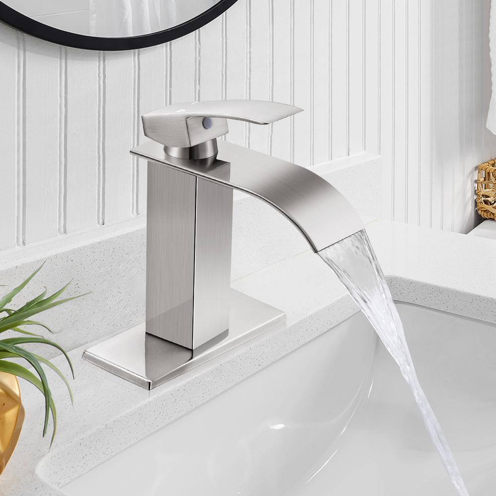 Brushed Nickel Single-Handle Low Arc Bathroom Faucet with Drain