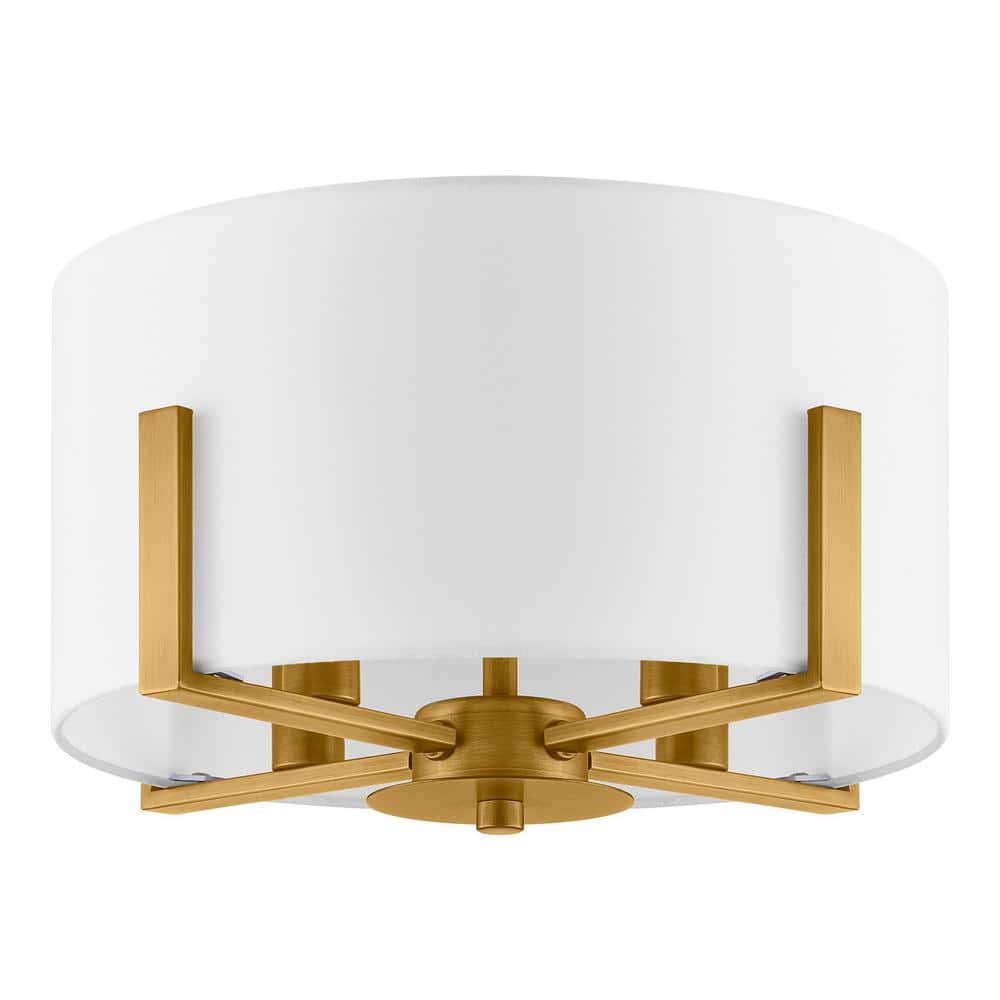 Aged Brass 4-Light Semi Flush Mount with White Drum Shade