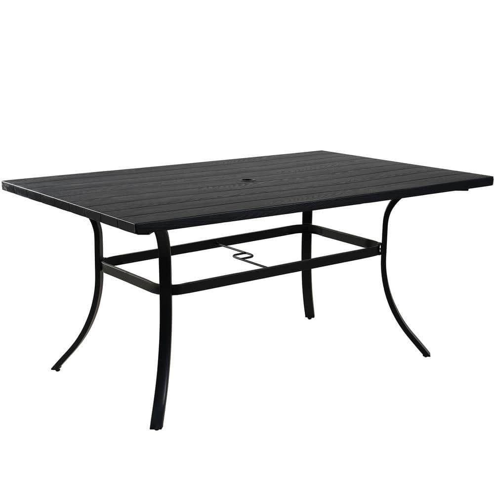 Semi-Aluminum Steel Outdoor Rectangular Dining Table with Grooved Wood Grain Tabletop and Umbrella Hole