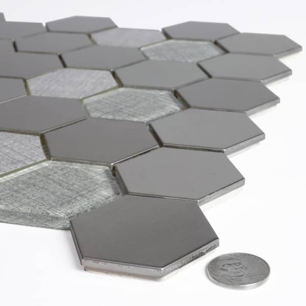 Enchanted Silver And Gray 12 in. X 12 in. Hexagon Stainless Steel And Glass Mosaic Wall Tile (18 sq.ft./Case)