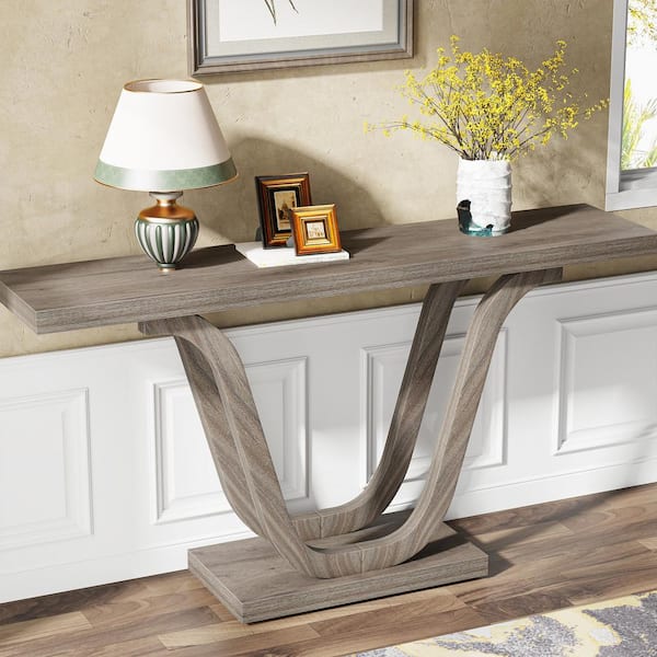 Catalin 55.1 in. Wood Rectangle Console Table, Farmhouse Sofa Table for Living Room, Gray