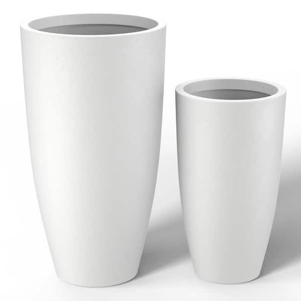 13.5in., 17.5in. Dia Crisp White Extra Large Tall Round Concrete Plant Pot/Planter for Indoor & Outdoor Set of 2