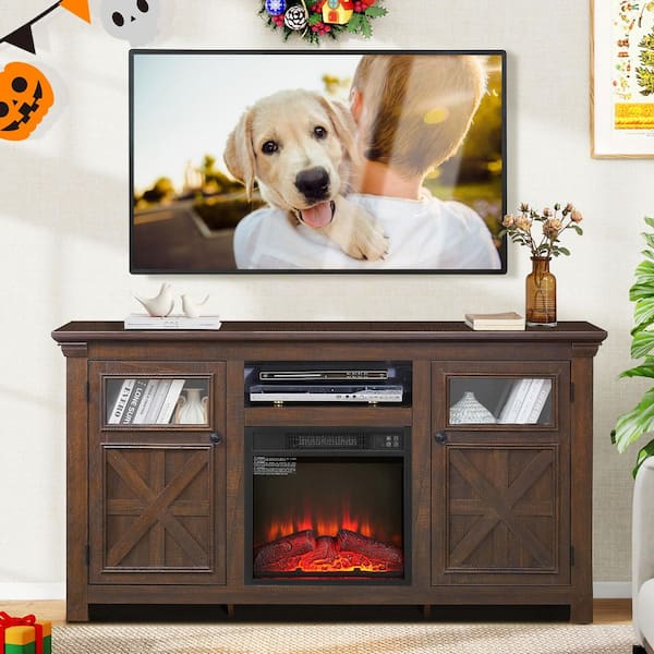 ToolCat 60 in. Freestanding TV Stand with 18 in. Fireplace insert 2 Doors Cabinet Farmhouse Cabinet, Farmhouse Barn Design