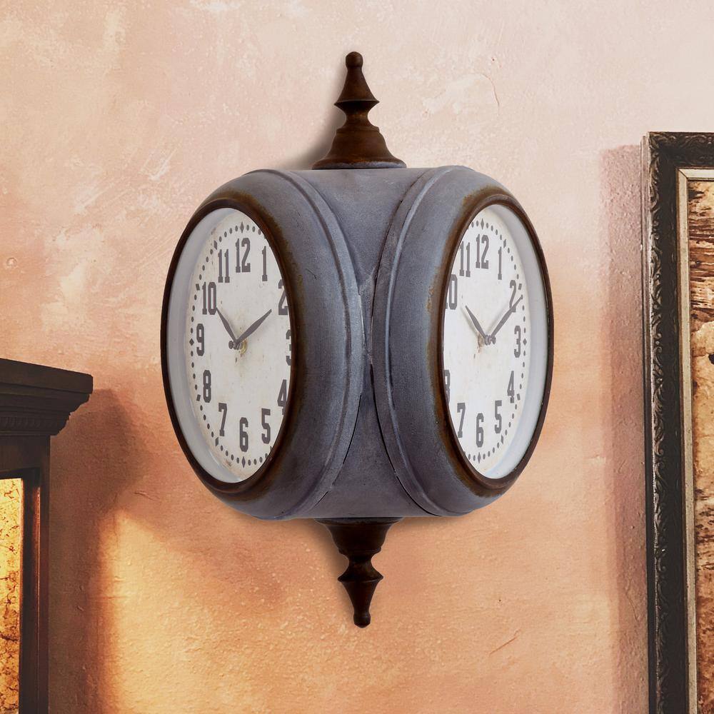 Distressed Gray and Brown Double-Sided Metal Wall Clock