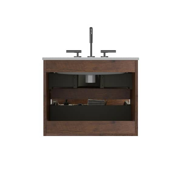 INSTER TINA 24 in. W Single Sink Wall Mount Walnut Bath Vanity with White Ceramic Top Sink with 3-Faucet Holes