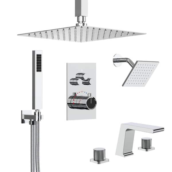 GRANDJOY Multiple Press 12 in. Dual 7-Spray Ceiling Mount Fixed and Handheld Shower Head 2.5 GPM with Basin Faucet in Chrome