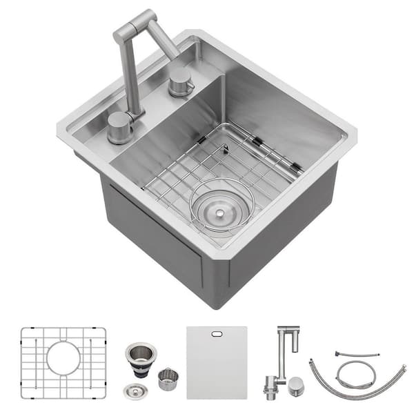 16 Gauge Stainless Steel 15 in. x 17 in. x 9 in. Undermount Bar Sink Workstation Single Bowl Handmade w/ Folding Faucet