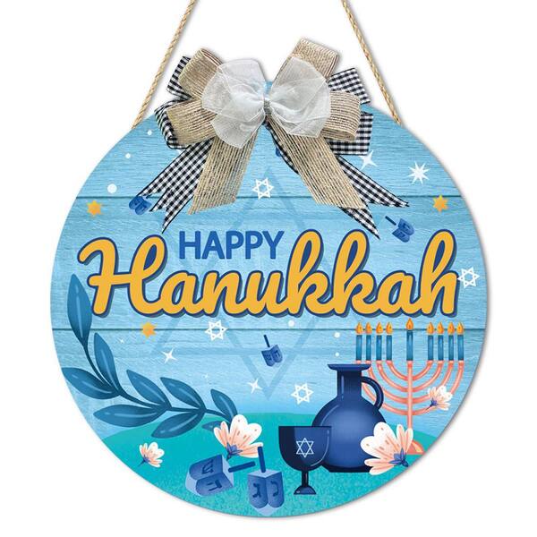 10 in. Blue Happy Hanukkah 3D Wooden Hanging Sign-Round Chanukah Door and Wall Decor
