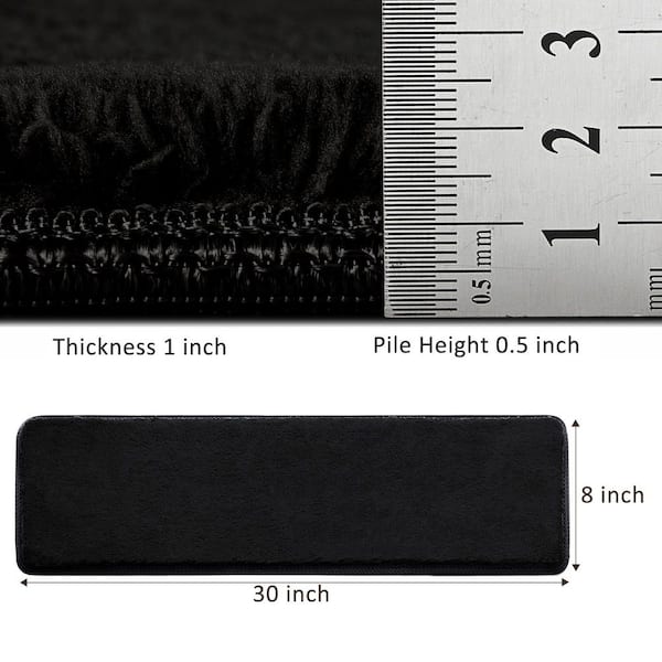 Plush Black 8 in. x 30 in. x 1 in. Carpet Stair Treads Cover Protector Peel and Stick Reusable Indoor Mat Set of 12